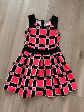 Eliza B bright coral and Black Geometric Fit-and-Flare Dress
